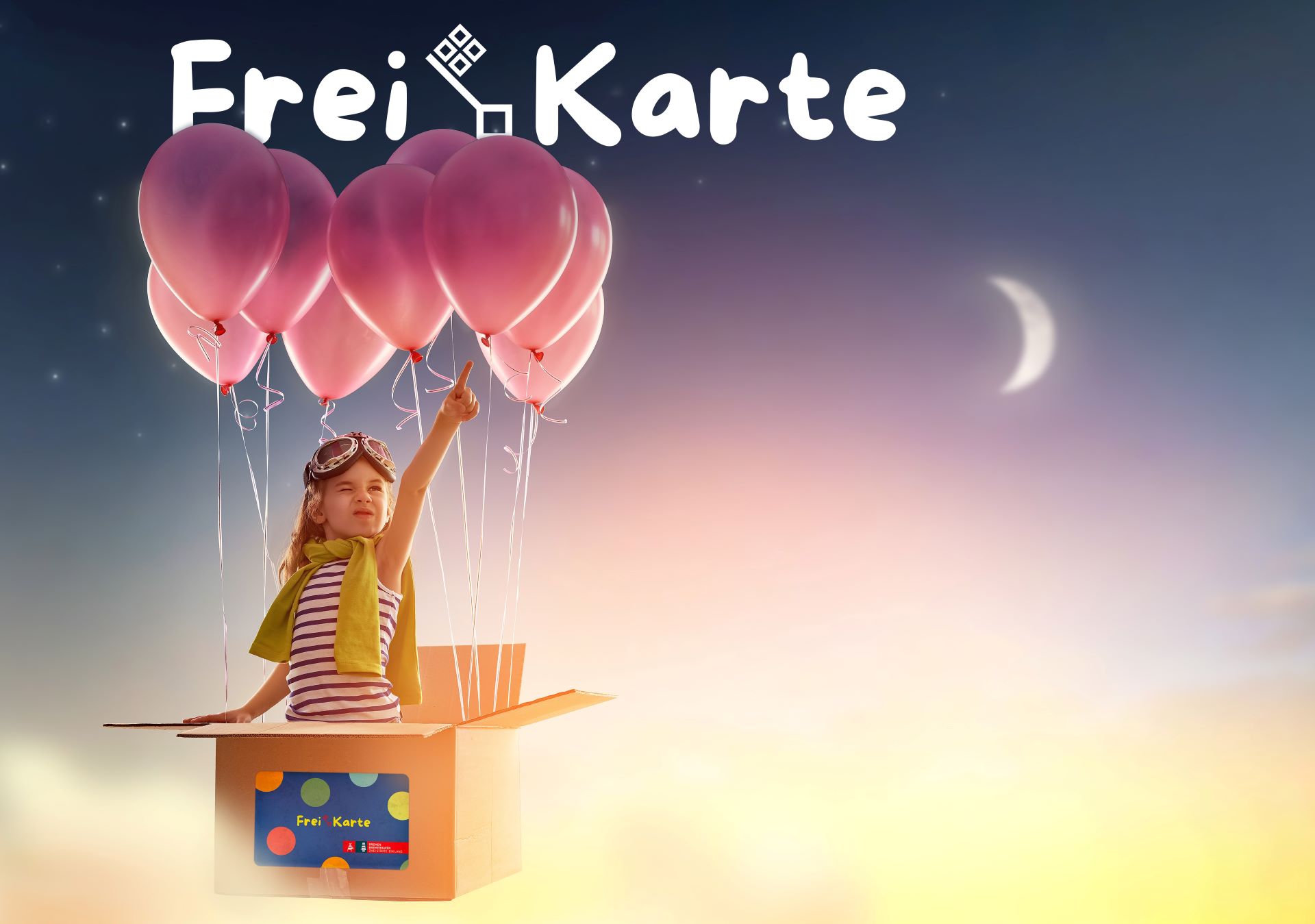 Abbildung: Ein Plakat der FreiKarte des Landes Bremen, auf dem ein Mädchen in einem von Luftballons getragenen Karton am Himmel fliegt.